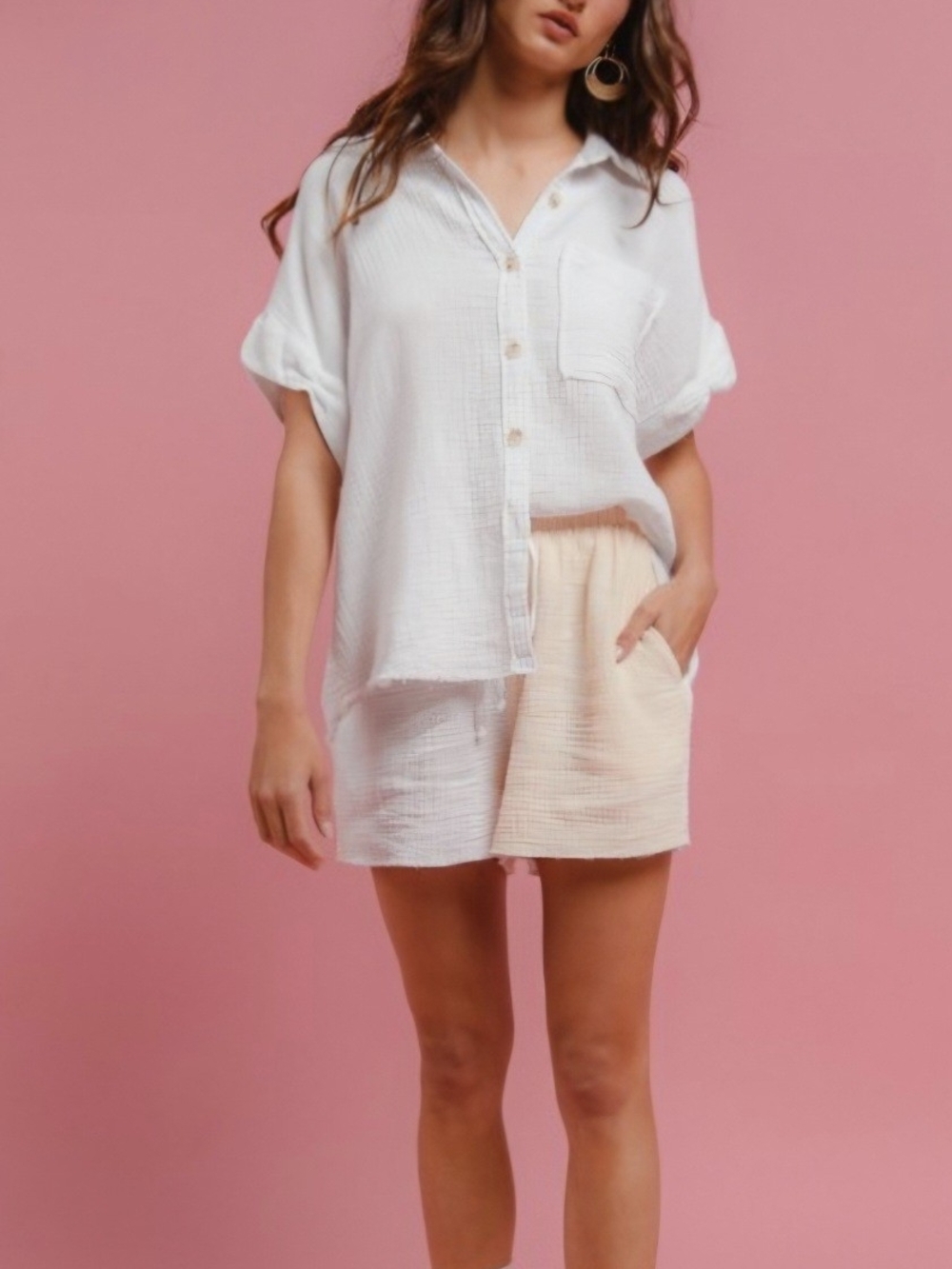B124 NWT BiBi Crinkle Gauze Set Relaxed Fit Top Color-Block Shorts Pockets Chic